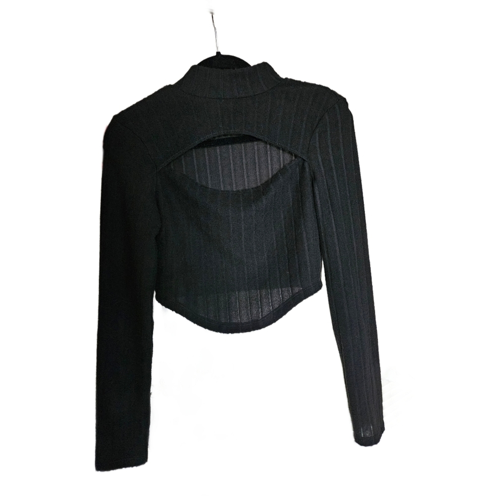 Cropped Cutout Ribbed Long-sleeved Crewneck Top